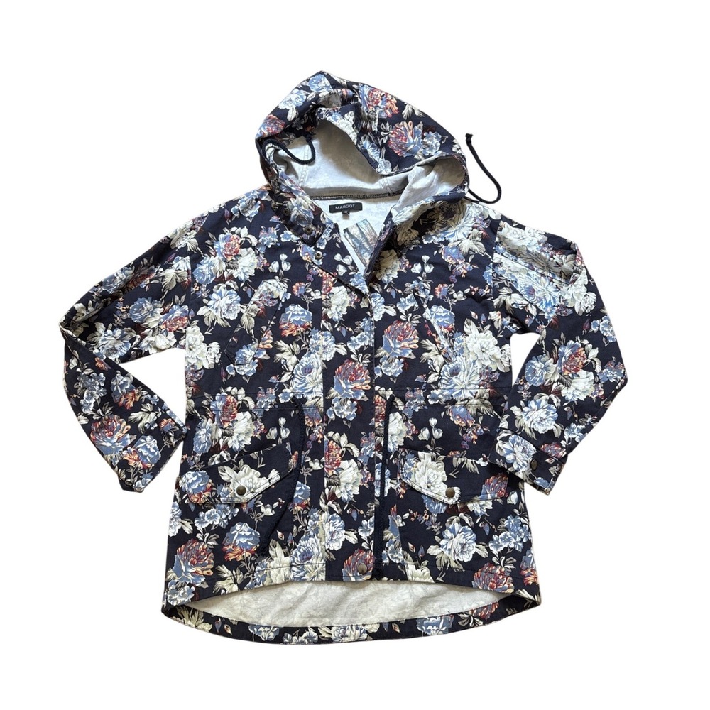 Margot Utility Jacket Women Navy Blue Floral Hooded Field Coat SIZE M